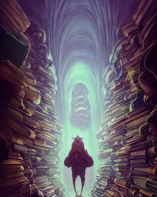 Image similar to highly detailed surreal vfx portrait of a creepy monster in a catacomb of books, stephen bliss, unreal engine, greg rutkowski, loish, rhads, beeple, makoto shinkai and lois van baarle, ilya kuvshinov, rossdraws, tom bagshaw, alphonse mucha, global illumination, detailed and intricate environment