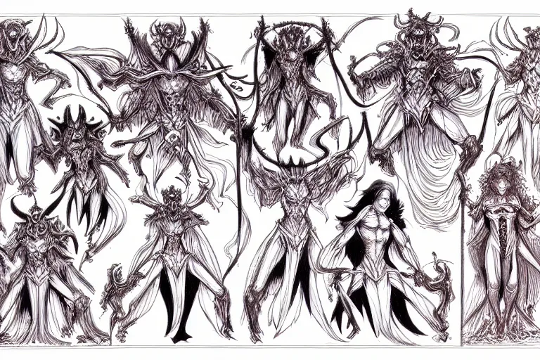 Image similar to study of a group of demons, character design sheet with intricate linework, in the style of moebius, ayami kojima, 9 0's anime, retro fantasy