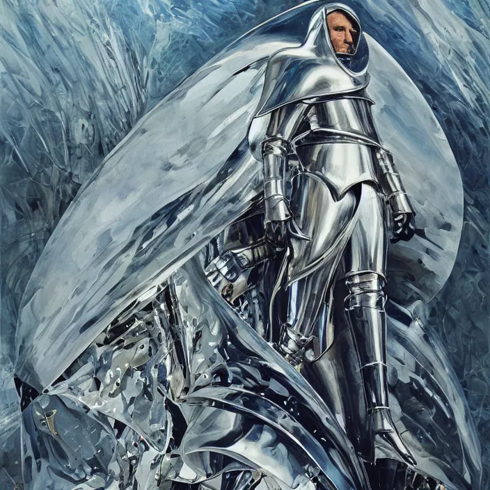 Image similar to teutonic knight, full body, high fashion, latex, futurist, aerodynamic, metallic, sharp, flowing, slick, highly detailed, motion, concept art, smooth, sharp focus, hd, art by alex grey and john berkey and annie leibovitz