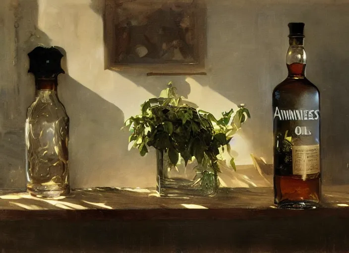 Image similar to oil painting of barley grains, plants and whiskey bottle, art by anders zorn, wonderful masterpiece by greg rutkowski, beautiful cinematic light, american romanticism by greg manchess, creation by tyler edlin