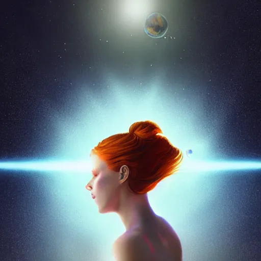 Image similar to portrait of a beautiful tattoed redhead woman carrying a laser gun, a planet in the background. blue dress, light iridescent hair color, long windy hair style, fantasy, intricate, sharp focus, lens flare, bloom, rim light, illustration, highly detailed, realistic, digital painting, concept art, matte, art by ruan jia