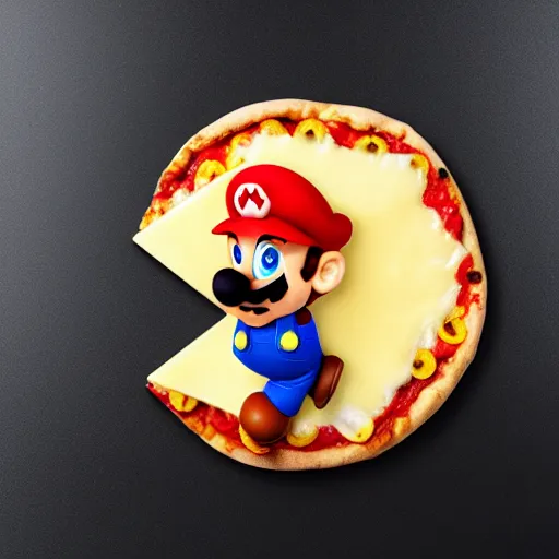 Prompt: a photo of super mario made of cheese in a pizza, food photo, professional food photo, iphone, 4 k