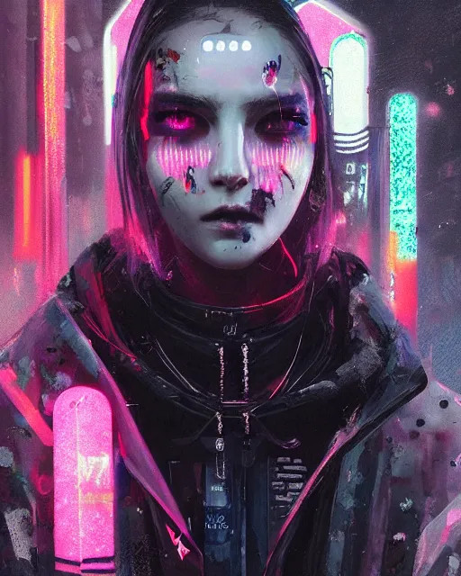 Prompt: detailed portrait vampire neon operator girl, cyberpunk futuristic neon, reflective puffy coat, decorated with traditional japanese ornaments by ismail inceoglu dragan bibin hans thoma greg rutkowski alexandros pyromallis nekro rene maritte illustrated, perfect face, fine details, realistic shaded, fine - face, pretty face