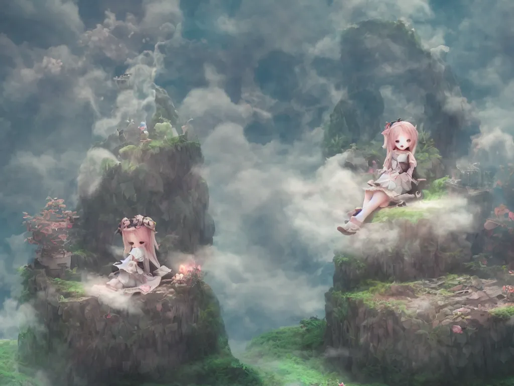 Prompt: cute fumo plush gothic maiden girl sitting on a floating island, isometric projection, wisps of smoke and volumetric fog, vignette, vray