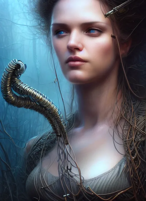 Prompt: closeup portrait shot of beautiful girl in a scenic dystopian environment, intricate, elegant, highly detailed, tubes and cables, centered, digital painting, artstation, concept art, smooth, sharp focus, illustration, artgerm, tomasz alen kopera, peter mohrbacher, donato giancola, joseph christian leyendecker, wlop, boris vallejo