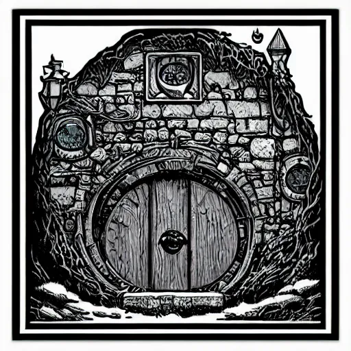 Prompt: square sticker of a hobbit palace, by joe fenton, white background, masterpiece