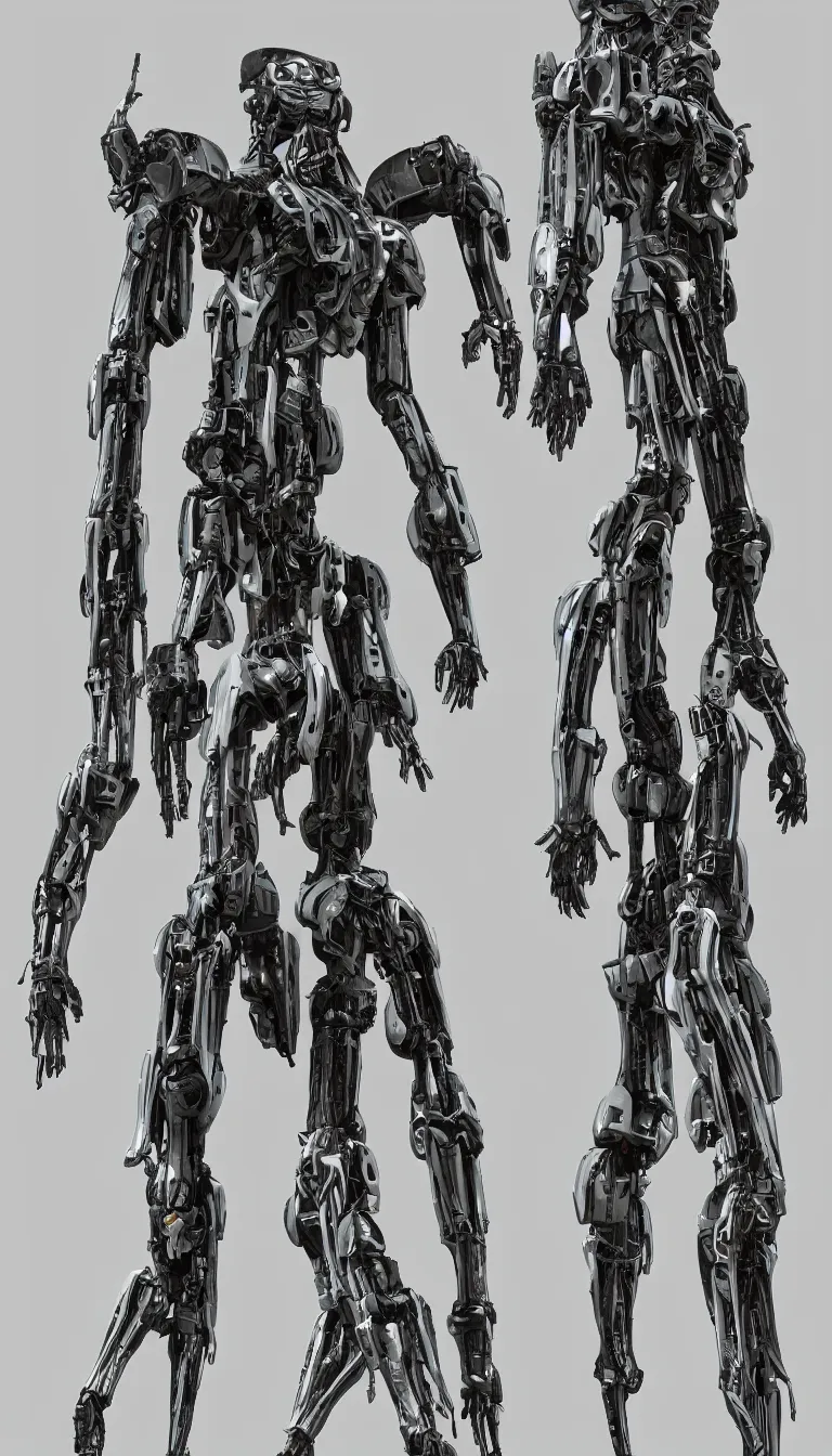 Prompt: full body full height, elegant h. r. giger mecha, default pose. super high resolution photo. symmetrical. orthographic front view.