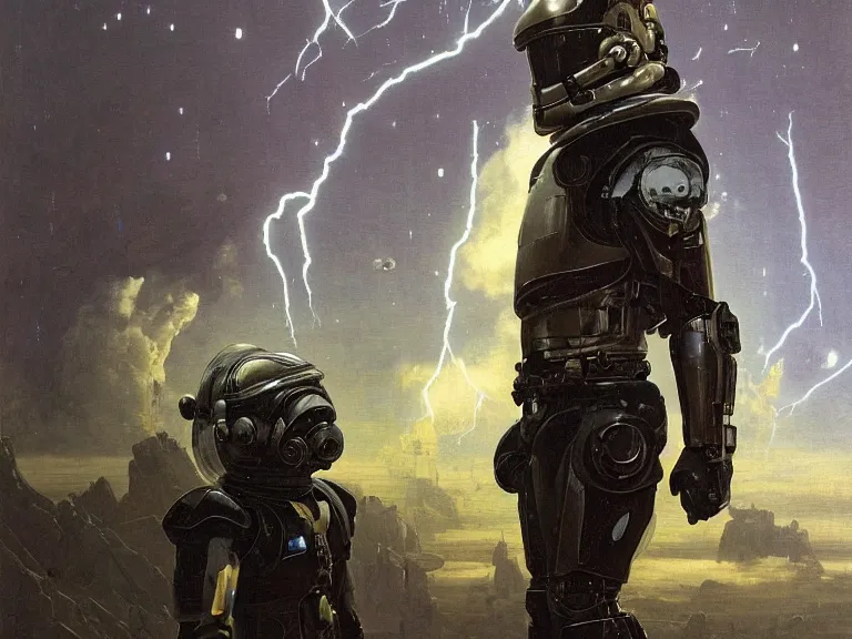 Image similar to a detailed profile oil painting of a lone shock trooper in a space armour and visor, cinematic sci-fi poster. technology flight suit, bounty hunter portrait symmetrical and science fiction theme with lightning, aurora lighting clouds and stars by beksinski carl spitzweg and tuomas korpi. baroque elements. baroque element. intricate artwork by caravaggio. Trending on artstation. 8k