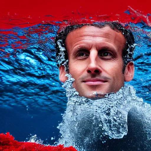 Image similar to Emmanuel Macron swimming in the red sea, 50mm photography, high quality, 4K