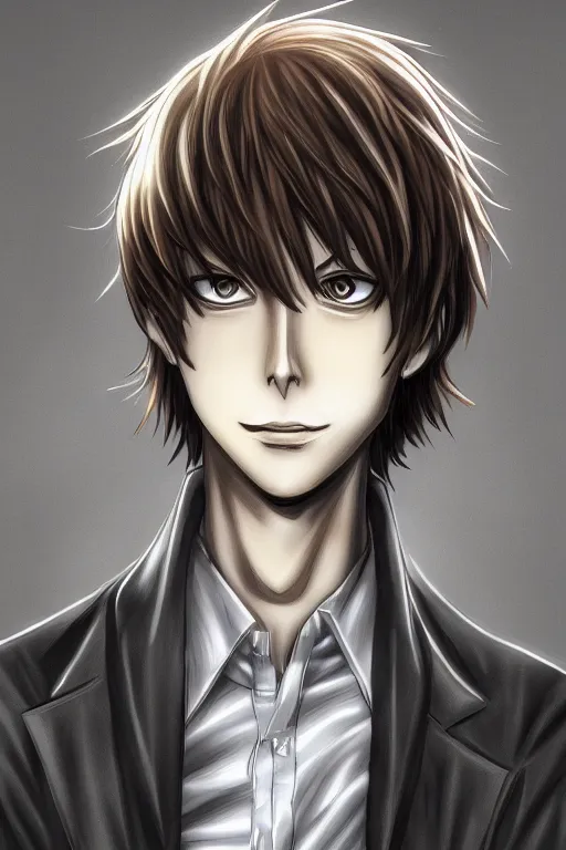 Image similar to light yagami, god of the new world, highly detailed, digital art, sharp focus, trending on art station, death note