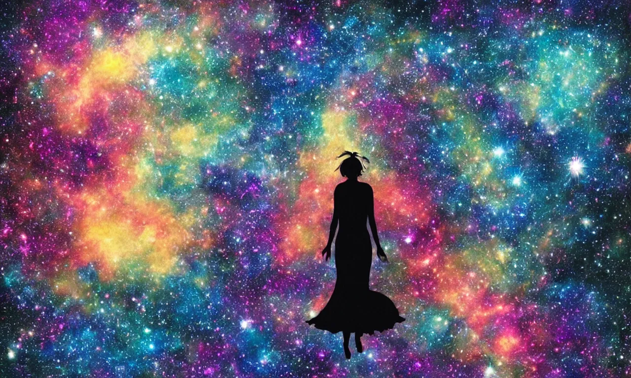 Prompt: colorful galaxy with a silhouette of a woman floating in space in view by studio ghibli