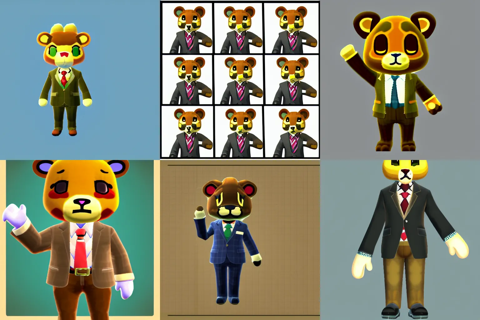 Prompt: anthro lion character wearing a suit and tie, animal crossing style, animal crossing artwork, animal crossing concept art