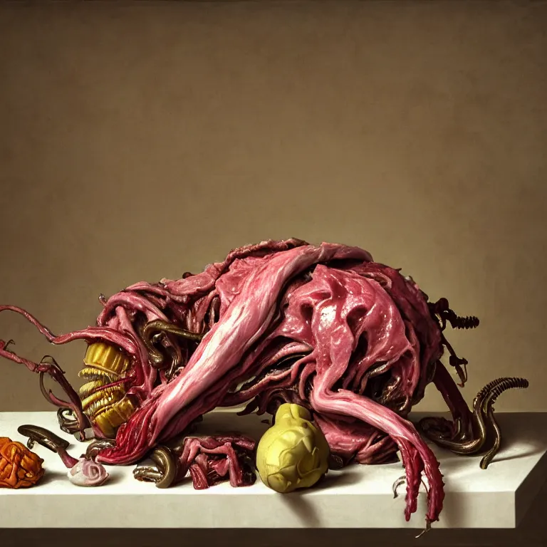 Image similar to still life of rotten meat flesh, white xenomorph, beautiful pastel tropical flowers, metallic human spine, colorful mold, baroque painting, beautiful detailed intricate insanely detailed octane render, 8K artistic photography, photorealistic, chiaroscuro, Raphael, Caravaggio