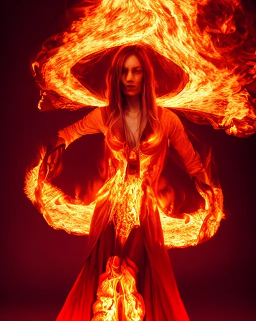 Image similar to woman wearing burning dress engulfed in large glowing flames, Alexander McQueen, Elden Ring, billowing smoke, fashion photoshoot, raymond swanland, artgerm,