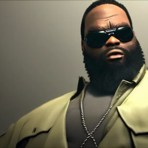 Image similar to Rick Ross as a Metal Gear Solid Villain 2005 JRPG cinema 4d render, Ray tracing reflection, natural lighting, Unreal Engine award winning photography