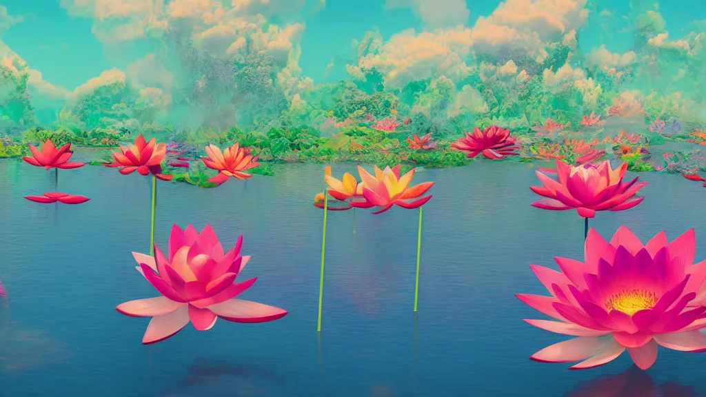 Prompt: digital illustration of a lake full of giant multi - colored lotus flowers by dr. seuss, reimagined by ilm and beeple : 1 | megaflora, spectral color, electric color, rolling hills : 0. 9 | fantasy : 0. 9 | unreal engine, deviantart, artstation, hd, 8 k resolution : 0. 8