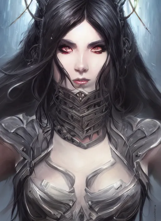 Image similar to beautiful enchantress, black long hair, practical armor, brown skin, demonic eyes, low fantasy, extremely detailed, sharp focus, smooth, digital illustration, by rossdraws, frank franzzeta, sakimichan