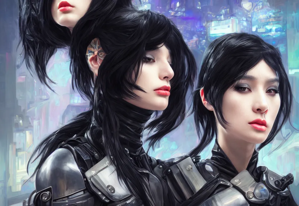 Image similar to portrait black hair of futuristic female police, black armored uniform, tatoo, at rooftop futuristic colorpunk tokyo neon flash night, ssci - fi and fantasy, intricate and very very very beautiful, highly detailed, digital painting, artstation, concept art, smooth and sharp focus, illustration, art by tian zi and wlop and alphonse mucha, frostbite engine