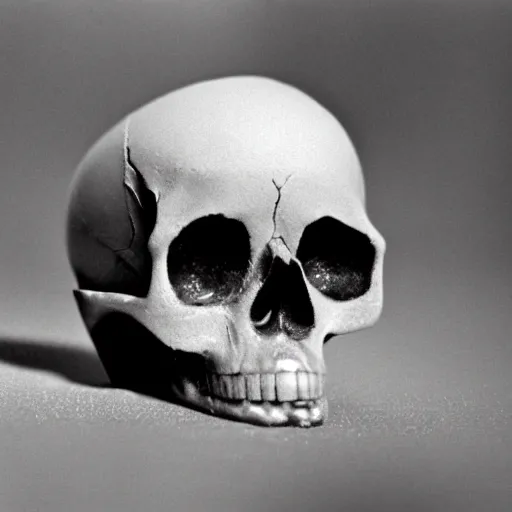 Image similar to art photograph of a skull, ektachrome, 35 mm film grain, shallow depth of field