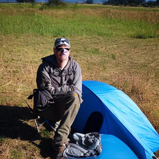 Prompt: steve wallis stealth camping on a big open field