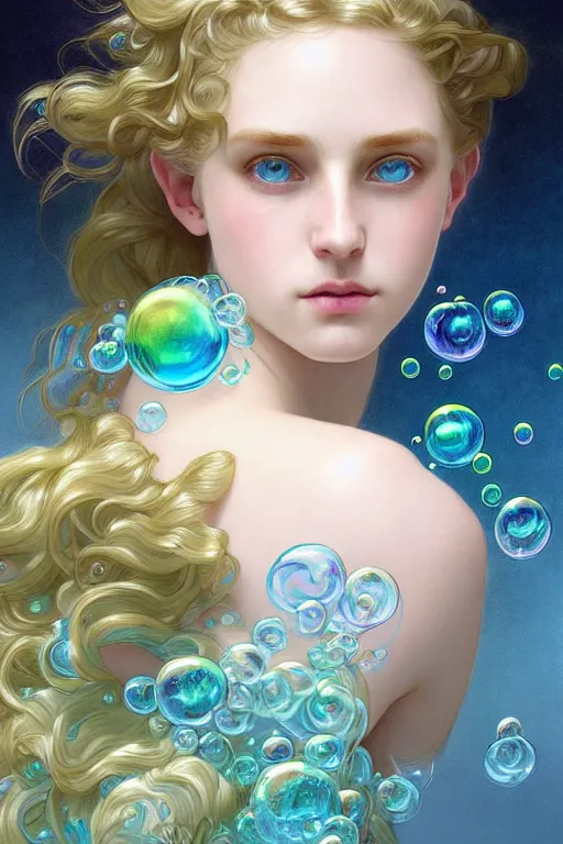 Prompt: portrait of triton , fantasy, gradient white blue green, dreamy and ethereal, blue eyes, golden ratio, peaceful expression, ornate frilly dress, fantasy, intricate, elegant, rainbow bubbles, highly detailed, digital painting, artstation, concept art, smooth,b sharp focus, illustration, art by artgerm and greg rutkowski and alphonse mucha