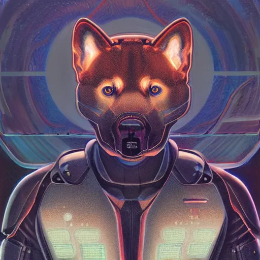 Prompt: tesla power armor realistic cyborg anthropomorphic shiba inu scifi kirlian photography electric field glowing, cyberpunk, portrait art by donato giancola and greg rutkowski, realistic face, glowing in tesla electricity visible magnetic field, digital art, trending on artstation, symmetry