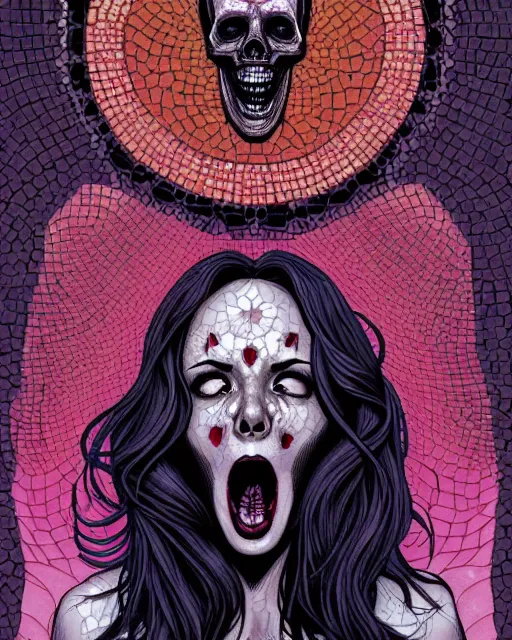 Image similar to comic horror cover art of a beautiful woman screaming in terror, skull mosaic background, illustration by jenny frison and sana takeda, intricate details, stunning inking lines, stunning gradient colors, 4 k, hd, artstation, award winning