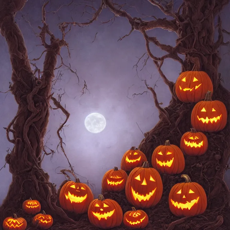 Prompt: jack-o-lanterns hanging from a tree with bent and barren branches by Justin Gerard, moonlight