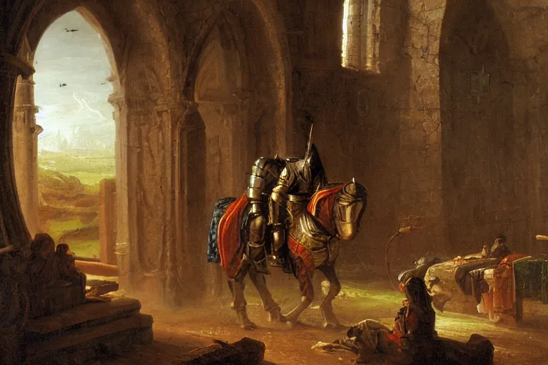 Image similar to an oil painting of a knight wearing plate armor in a medieval church, 4 k, highly detailed, painted by thomas cole