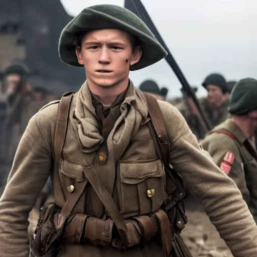 Prompt: tom holland as a british ww 2 soldier during the battle of dunkirk, highly detailed, cinematic lighting, photorealistic