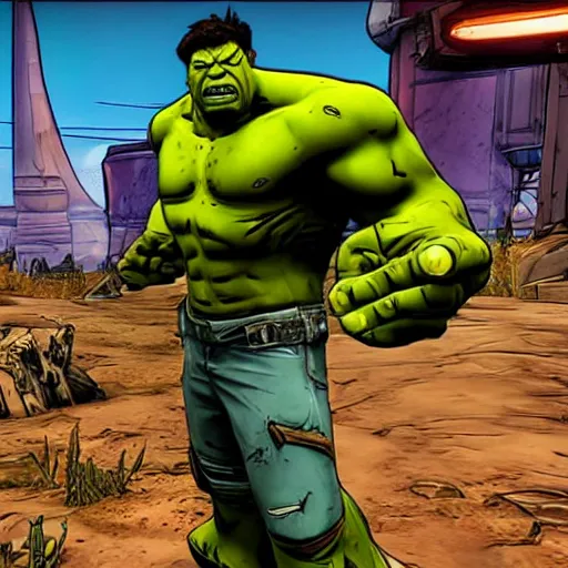 Image similar to Screenshot from new Borderlands DLC featuring the Hulk, 8k photorealistic