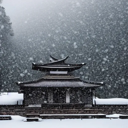 Prompt: a monolithic japanese temple on a snowcapped mountain. snowing, grainy, overcast sky.