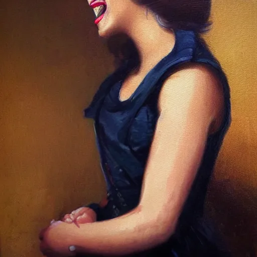 Image similar to oil painting, laughing, happy, beautiful, intelligent, tanned, female pirate captain 2 8 years old, 1 9 4 0 s haircut, fully clothed, wise, beautiful, masterful 1 8 0 0 s oil painting, dramatic lighting, sharp focus
