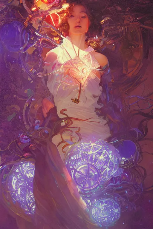 Prompt: she dreams of arcs of purple flame intertwined with glowing sparks, glinting particles of ice, dramatic lighting, steampunk, bright neon, secret holographic cyphers, red flowers, solar flares, high contrast, smooth, sharp focus, art nouveau, painting by ruan jia and greg rutkowski and Alphonse Mucha