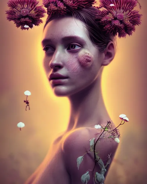 Prompt: a digital portrait of a beautiful sad woman with flowers and fungus growing out of her head and eyes, intricate, sharp focus, digital illustration, highly detailed, octane render, digital painting, matte, art by professional artist