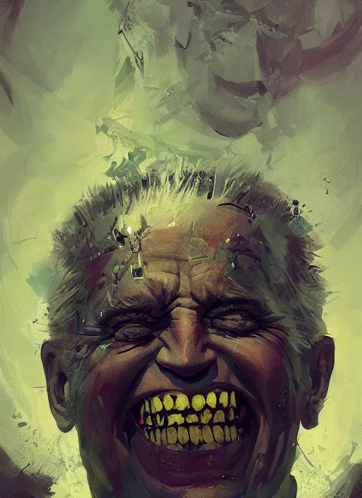 Image similar to crazy mad Joe Biden grinning sadistic smile all powerful emperor of the world, high contrast, cosmic horror, lovecraftian, abstract, masterpiece, trending on ArtStation, by Greg Rutkovski and by Craig Mullins and by David Cronenberg and by Ismail Inceoglu, dark