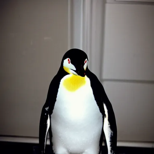 Image similar to grainy photo of a penguin as a creepy monster in a closet, harsh flash