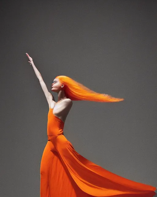 Image similar to expressively dancing on a bold James Turrell lit stage, a beguiling modern dancer dynamic Pantene gorgeous long luxurious hair flowing and flipping, high fashion photograph, isolated on vivid orangered, By Steven Meisel, by WLOP