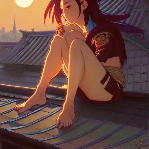 Image similar to digital anime art in the style of netflix arcane, cute female shinobi sitting on an old oriental roof at golden hour, wlop, alphonse mucha, greg rutkowski, ilya kuvshinov, backlit