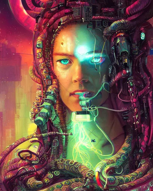 Image similar to a cyberpunk close up portrait of cyborg medusa, electricity, snakes in hair, sparks, bokeh, soft focus, by paul lehr, jesper ejsing