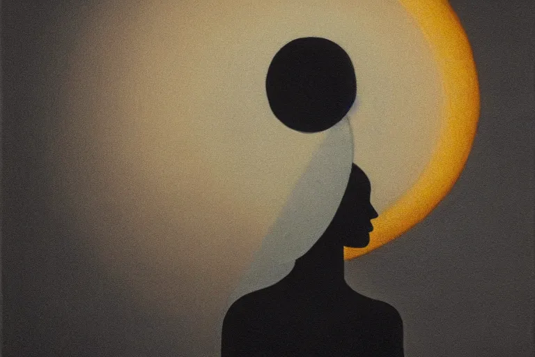 Image similar to a silhouette of a woman with a sun halo on her head by gertrude abercrombie, trending on artstationt, afrofuturism, studio lighting, dramatic lighting