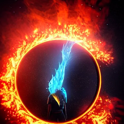 Image similar to a burning phoenix inside of a perfect circle made out of white and gold powder splash smoke, a black sky with stars in the background, d&d, epic shot, backlight, embers and sparks, high fantasy, 3d render, cgi rendering, very detailed, unreal engine, octane render, wallpaper