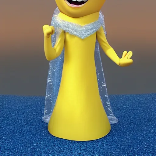 Prompt: Yellow minion from despicable me, wearing Princess Elsa dress from Frozen Disney, 3d ray tracing, HD, rendered, highly detailed model, centered, full body shot, wide angle lens