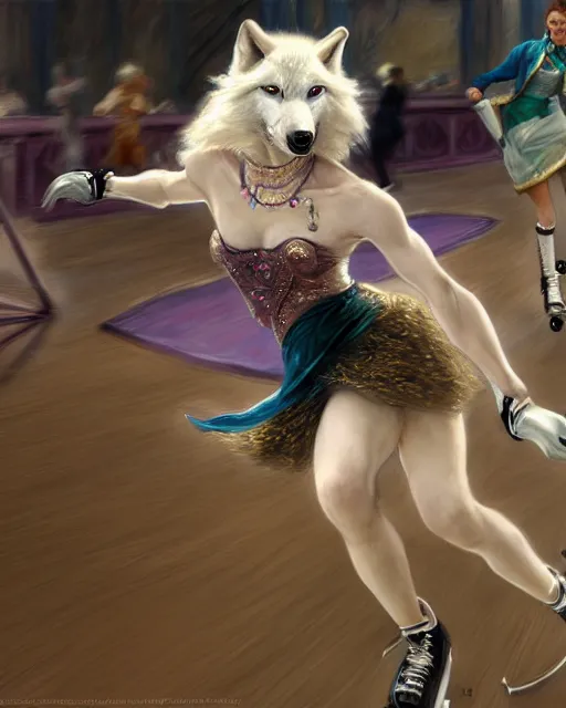 Image similar to white female anthro wolf skating at a roller derby, 4 k, furaffinity, trending on artstation, very expressive detailed face, energetic, speed, motion blur, by gaston bussiere, craig mullins, j. c. leyendecker, gustav klimt, artgerm, greg rutkowski, alphonse mucha