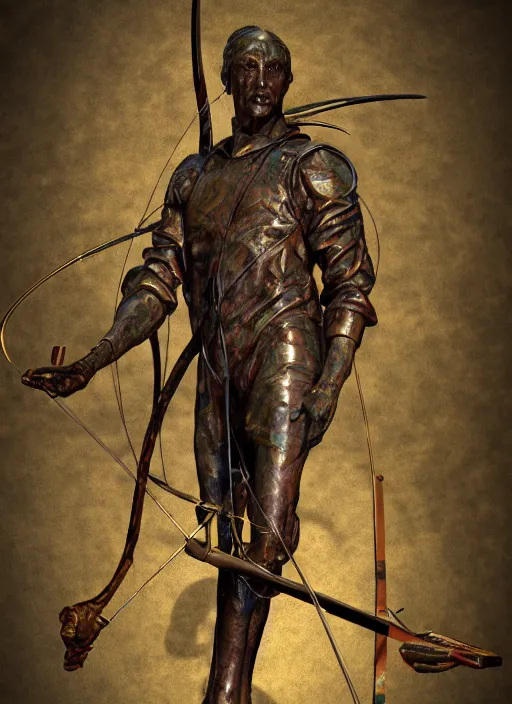 Image similar to An epic fantastic realism comic book style portrait painting of a distressed bronze archery sculpture from the future by Stanislaw Szukalski, gilded colorful marbled paper background, winged archer, fisheye lens, unreal 5, DAZ, hyperrealistic, octane render, dynamic lighting