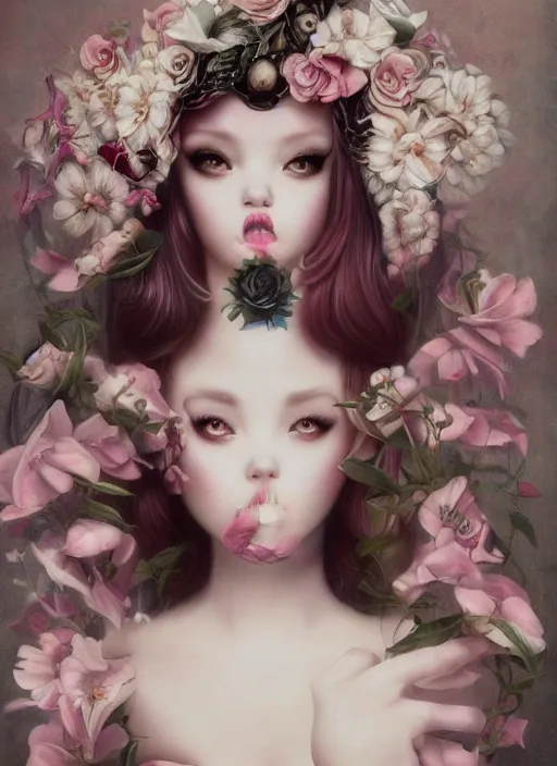 Prompt: pop surrealism, lowbrow art, realistic seductive cute woman painting, body harness, japanese shibari with flowers, hyper realism, muted colours, rococo, natalie shau, loreta lux, tom bagshaw, mark ryden, trevor brown style,