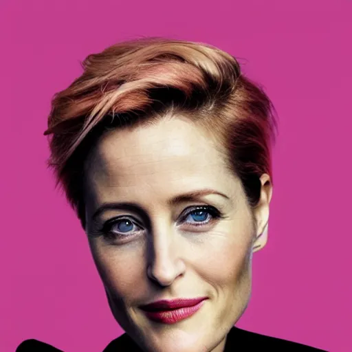 Prompt: photo of a gorgeous 40-year-old Gillian Anderson with pink pixie cut hairstyle by Mario Testino, detailed, head shot, award winning, Sony a7R -