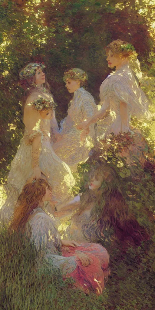 Prompt: illustration studio portrait of three beautiful seraphim females energy in an artistic pose resting in nature, monet painterly motives and textures pattern, hyper detailed, octane render, vivid colors, artstation, by jeremy mann, by alphonse mucha, by monet