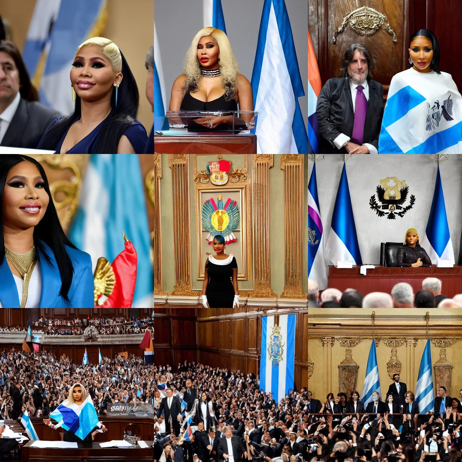 Image similar to Nicki Minaj president of Argentina, in the Argentine Congress, flags of Argentina behind, detailed picture