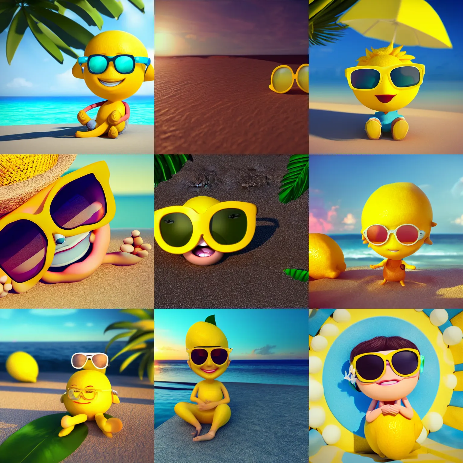 Prompt: 3 d octane render!!!!!!!!!!! of a cute smiling chibi lemon character wearing sunglasses relaxing on a tropical beach at sunrise